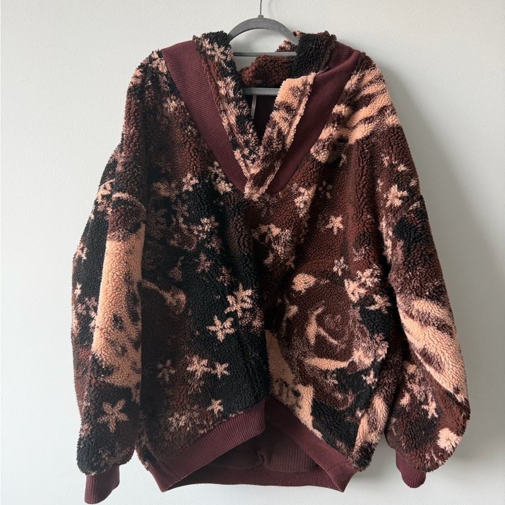 Free People V-Neck Floral Fleece Jacket in Black and Brown